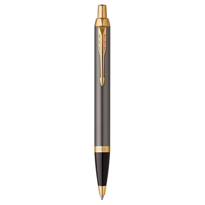 Parker IM Grey Lacquer Gold Trim Ballpoint Pen standing upright, one of the four finishes included in the CDU3 counter display kit