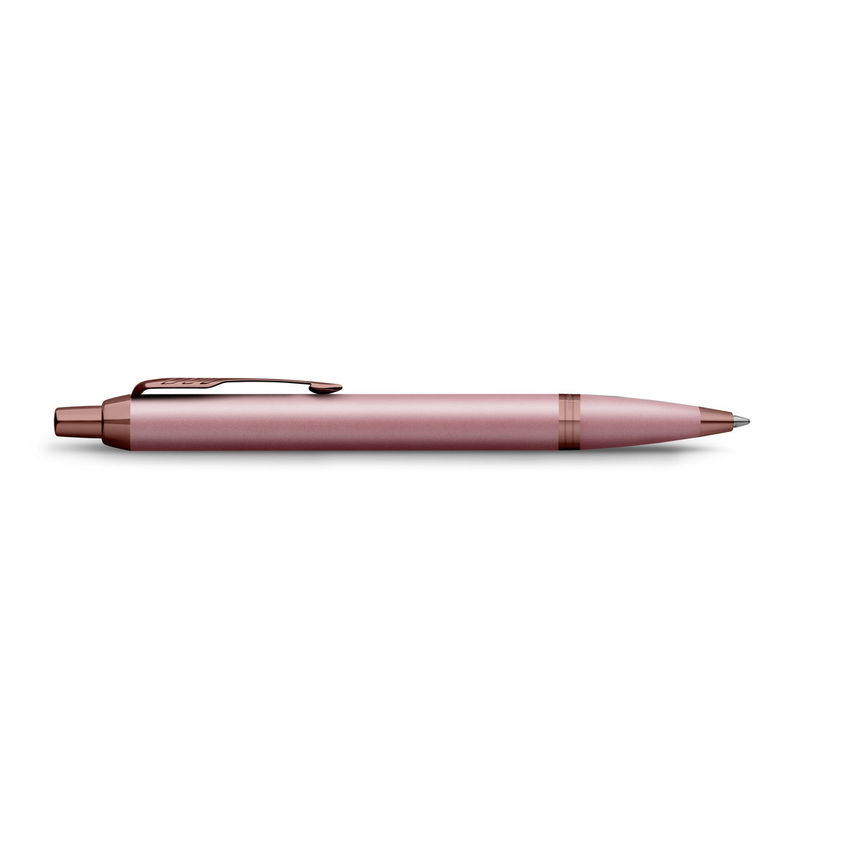 Side view of the mauve IM ballpoint lying flat, showing the click button, clip profile and tip