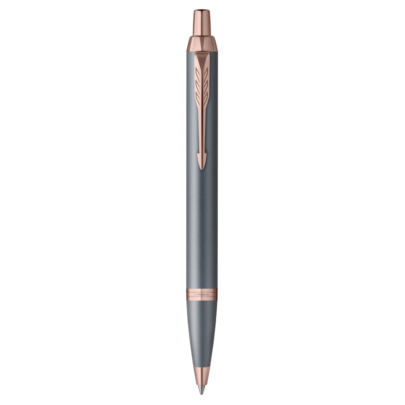 Parker IM Finishing Touch ballpoint pen in slate standing upright, showing the arrow clip and rose-toned trims