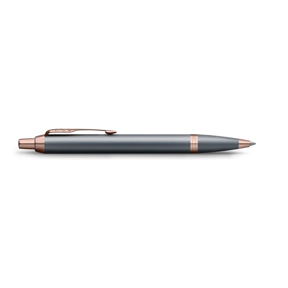 Side view of the slate IM ballpoint lying flat, showing the click button, clip profile and tip