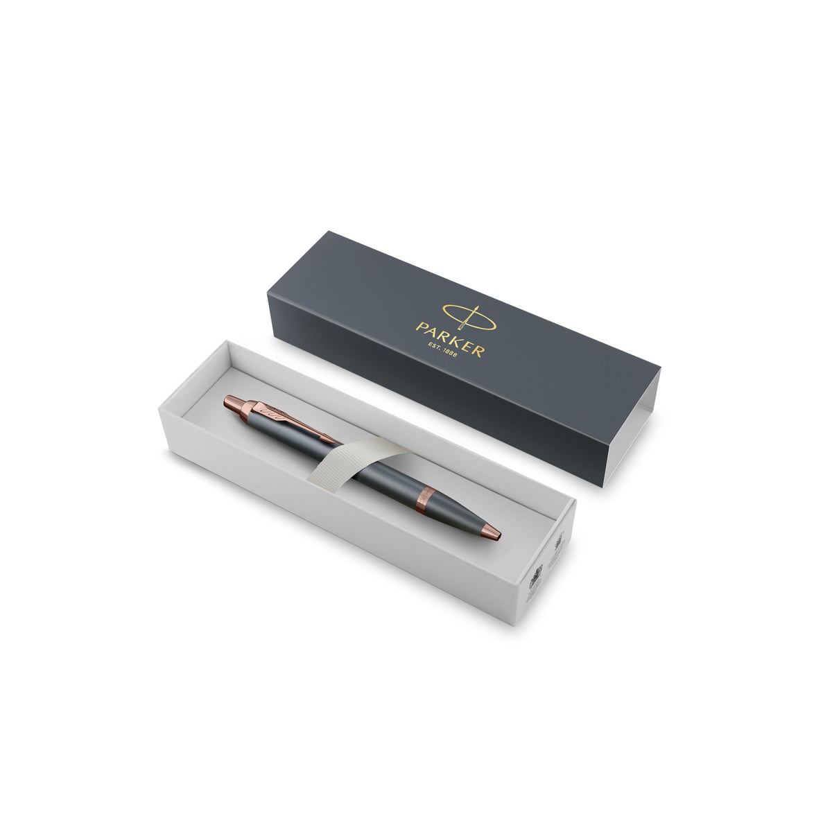 Slate IM ballpoint resting in an open Parker gift box with a dark grey colour-matched sleeve behind it