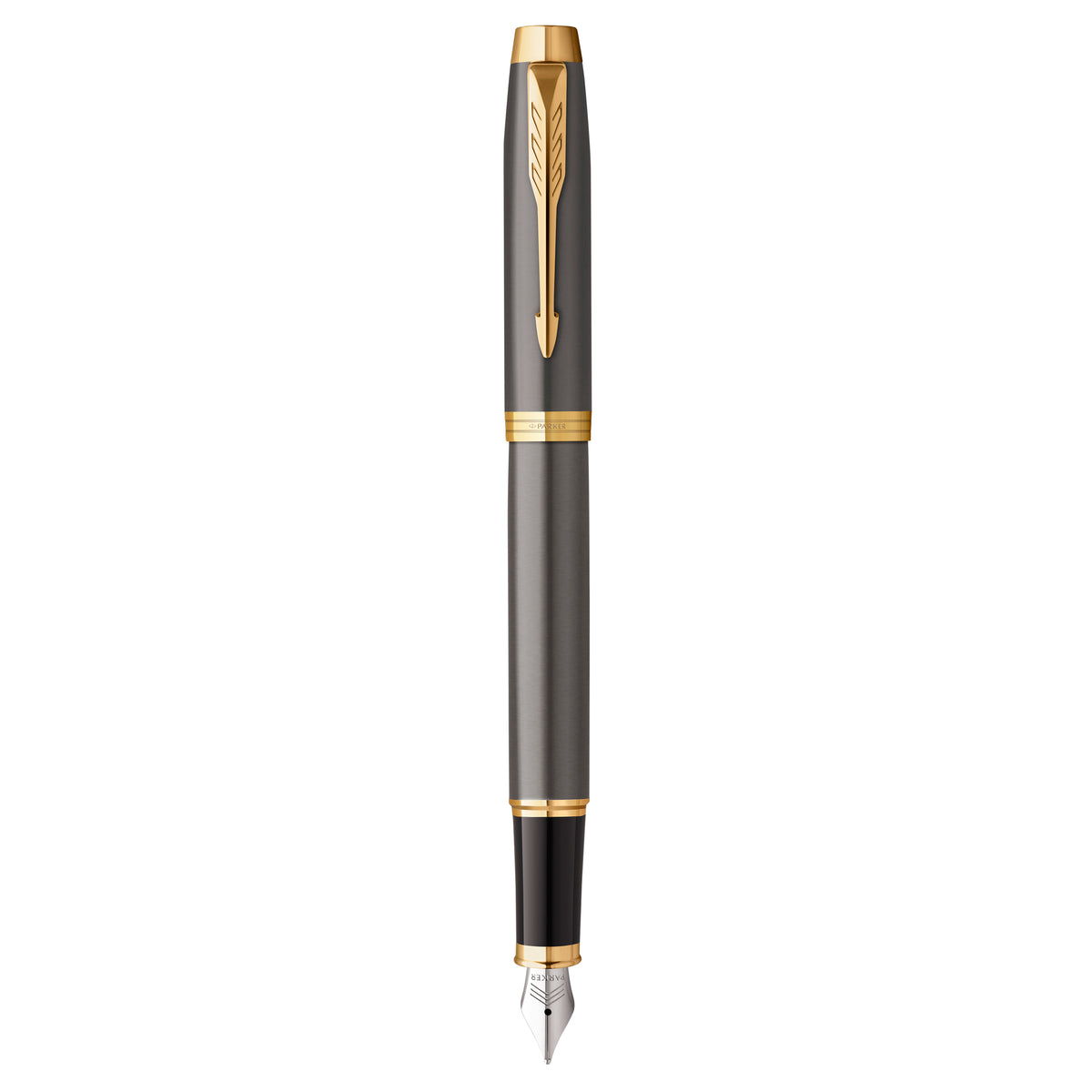 Parker IM fountain pen in grey lacquer with gold trims standing upright and uncapped, black grip and steel nib