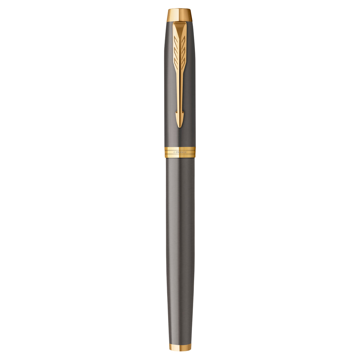 Grey and gold IM fountain pen standing capped with its gold arrow clip