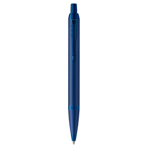 Parker IM Monochrome ballpoint pen in blue with matching blue clip, push button and trims, standing upright
