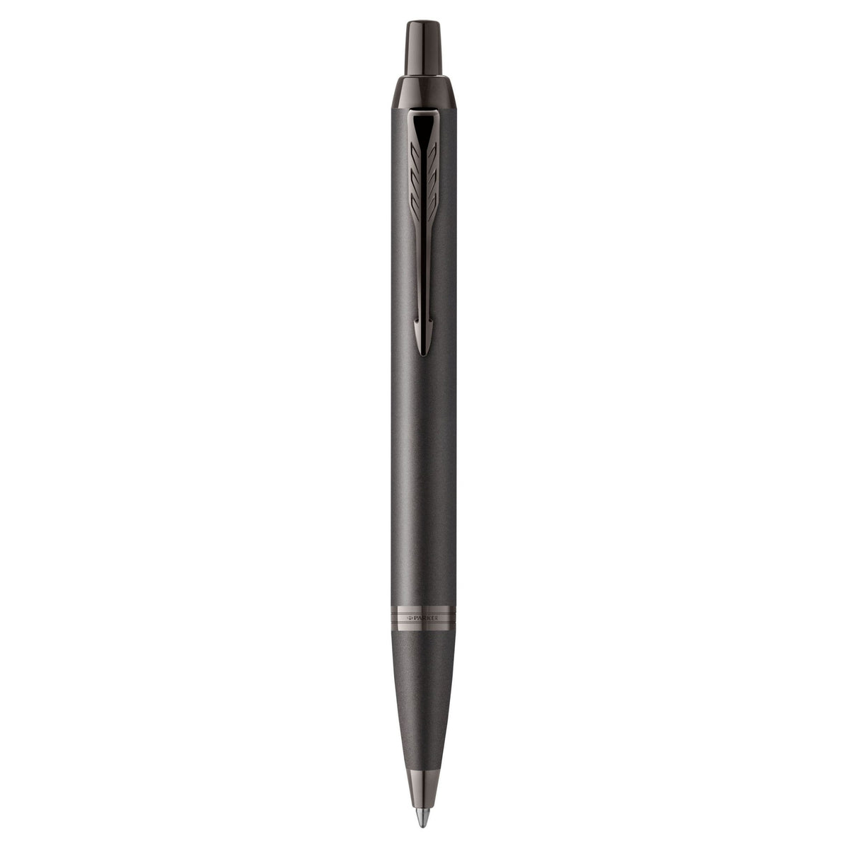 Parker IM Monochrome ballpoint pen in titanium grey with matching gun metal clip and trims, standing upright