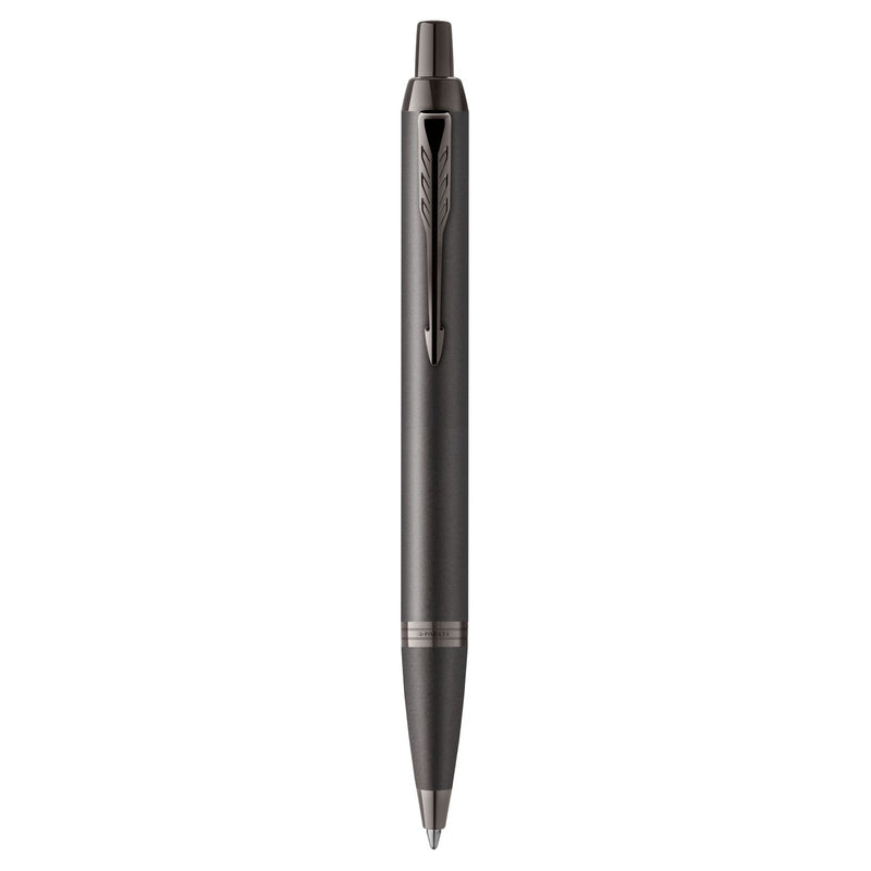 Parker IM Monochrome ballpoint pen in titanium grey with matching gun metal clip and trims, standing upright