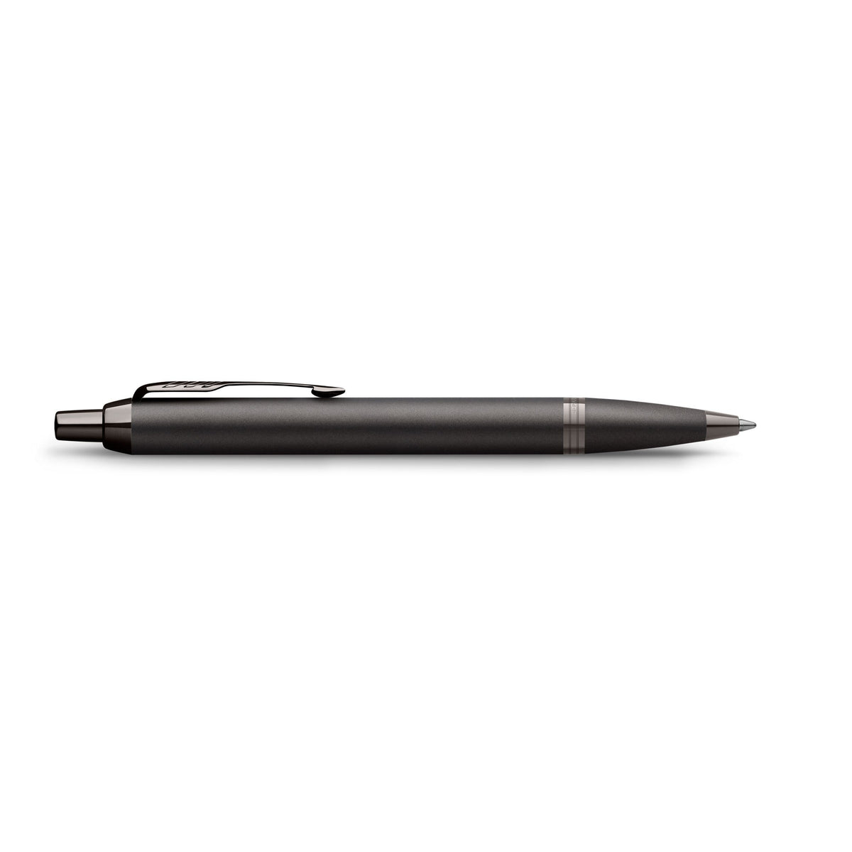 Side view of the titanium grey Monochrome ballpoint lying flat on white