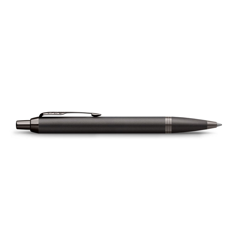 Side view of the titanium grey Monochrome ballpoint lying flat on white