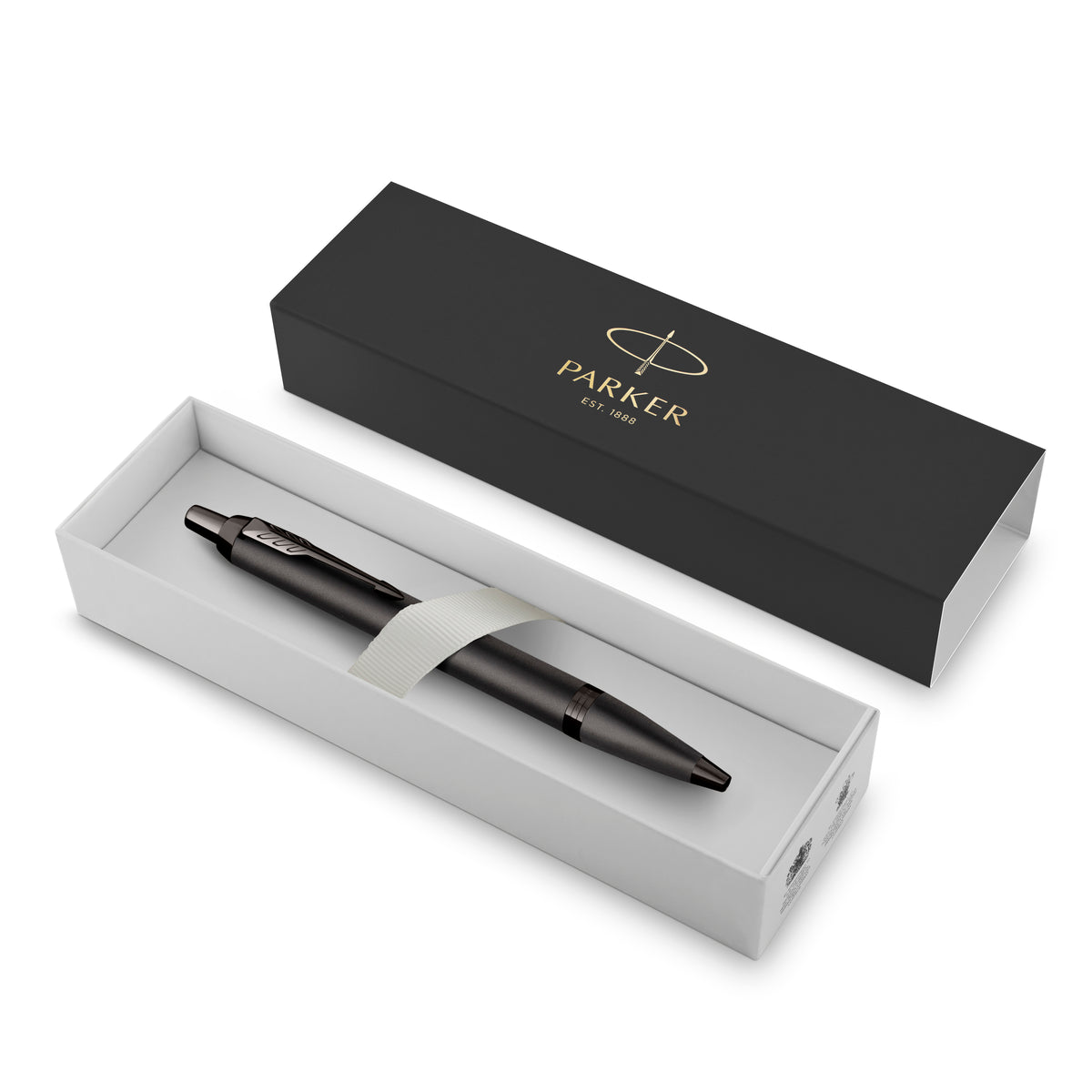 Gun metal Monochrome ballpoint in an open black Parker box with a white tray