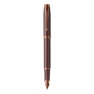 Parker IM Monochrome fountain pen in burgundy standing upright, cap posted, with a copper-toned nib and clip