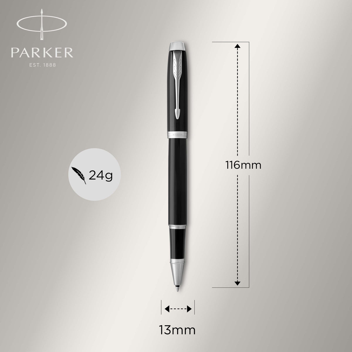 Parker graphic of the black and chrome IM rollerball with its length, width and weight marked