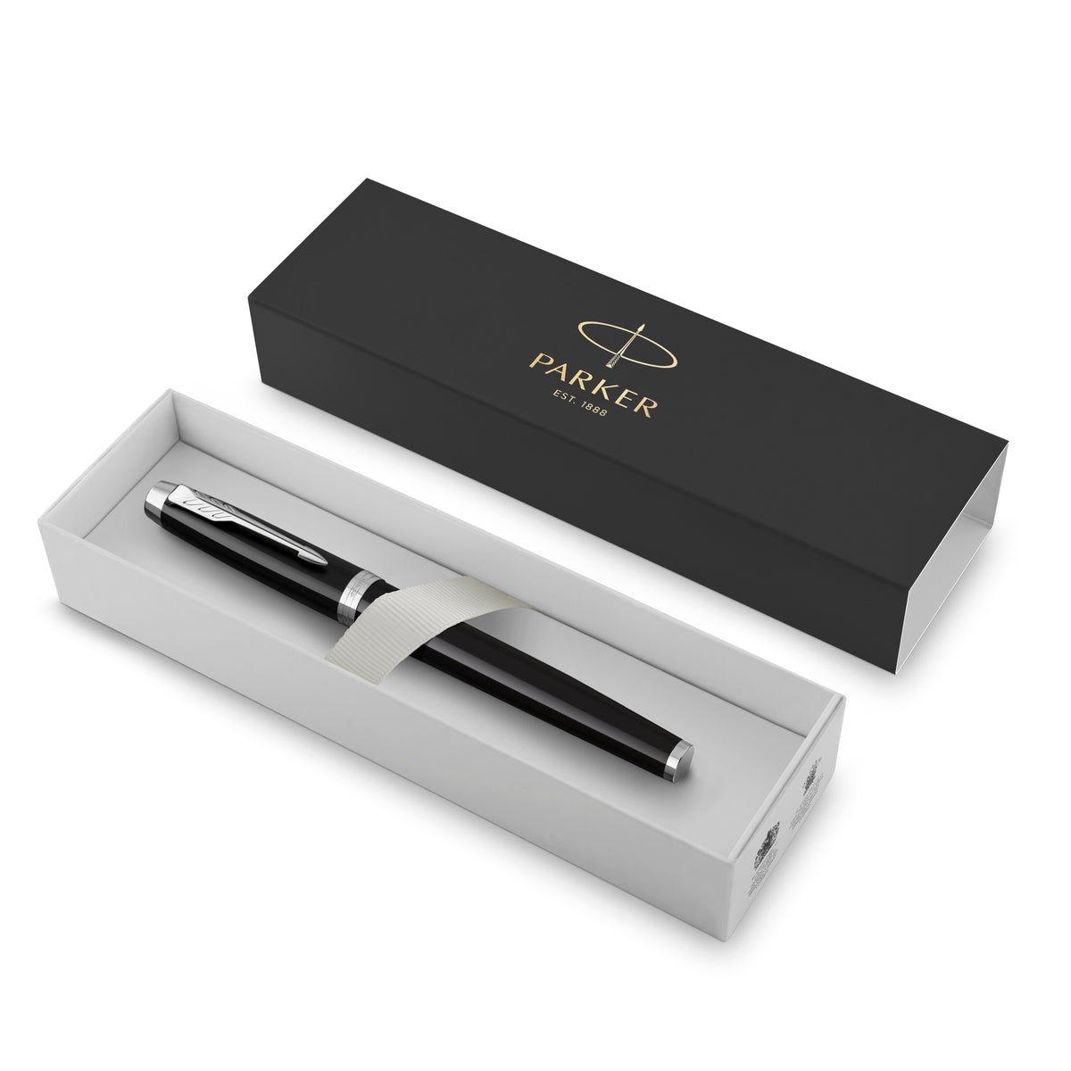 Black and chrome IM rollerball in an open black Parker gift box with a white tray