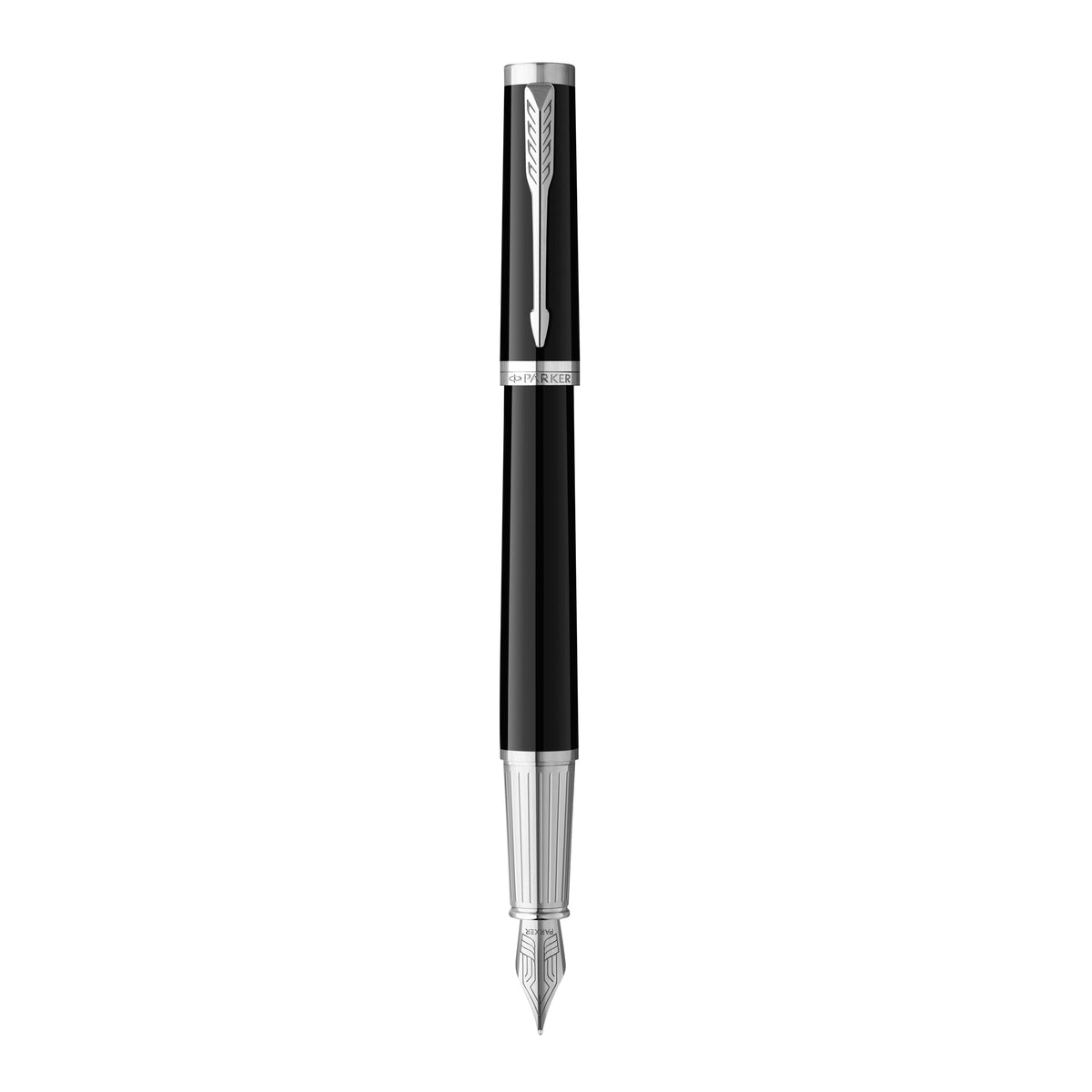 Parker Ingenuity fountain pen uncapped, black lacquer with chrome trims and a steel nib, standing upright on white