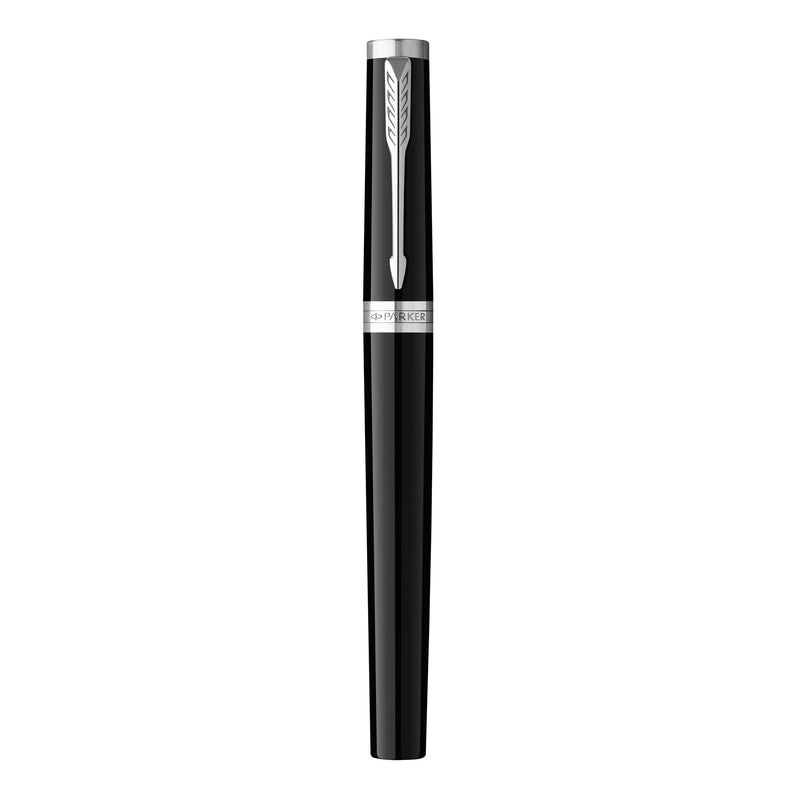 Capped black Ingenuity fountain pen standing upright with the chrome arrow clip and cap band