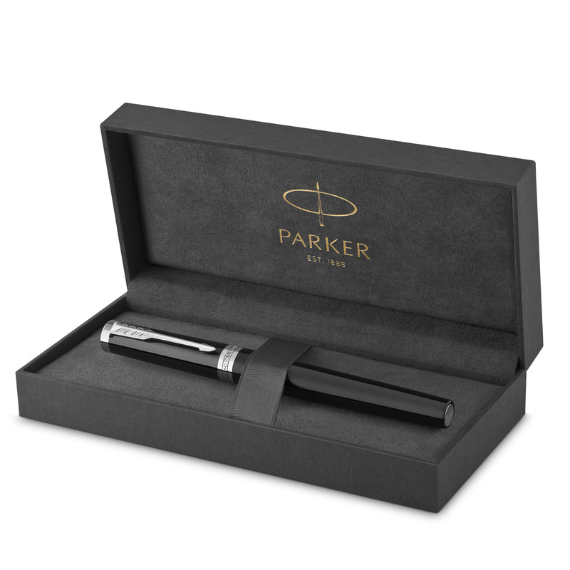 Black Ingenuity fountain pen in an open dark grey Parker gift box with the logo printed in the lid
