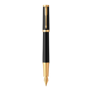 Parker Ingenuity fountain pen uncapped, black lacquer with gold clip, band and gold-coloured nib, standing upright