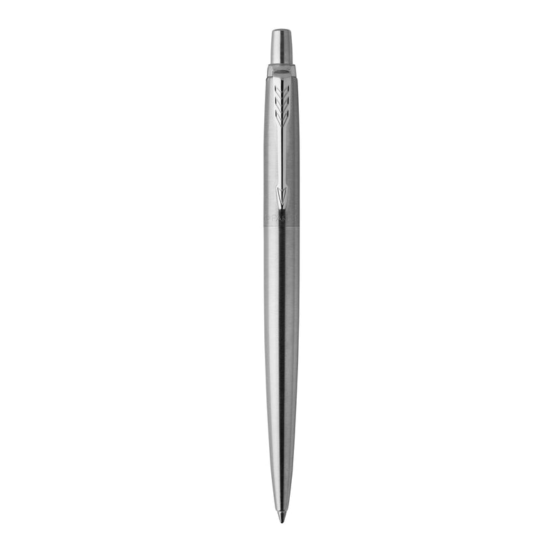 Parker Jotter ballpoint in brushed stainless steel with a chrome arrow clip, standing upright on white