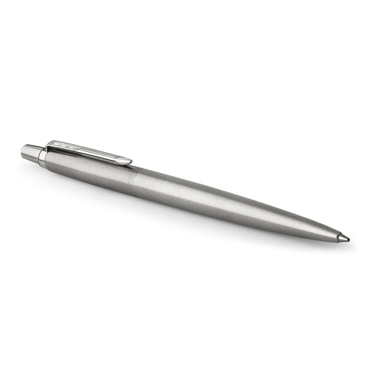 Stainless steel Jotter ballpoint lying at an angle with the clip and click button on the left