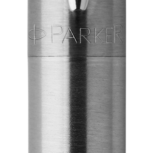 Close-up of PARKER engraved at the top of the brushed steel barrel