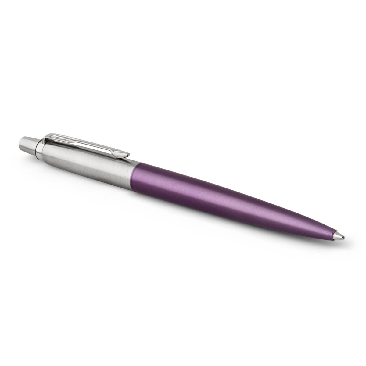 Victoria Violet Jotter ballpoint lying at an angle with the steel cap and arrow clip at the left