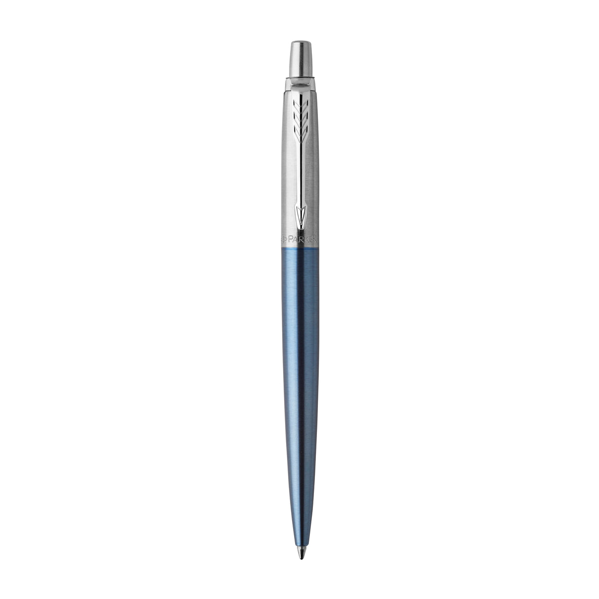 Parker Jotter ballpoint in Waterloo Blue lacquer with a brushed steel cap and chrome arrow clip, standing upright