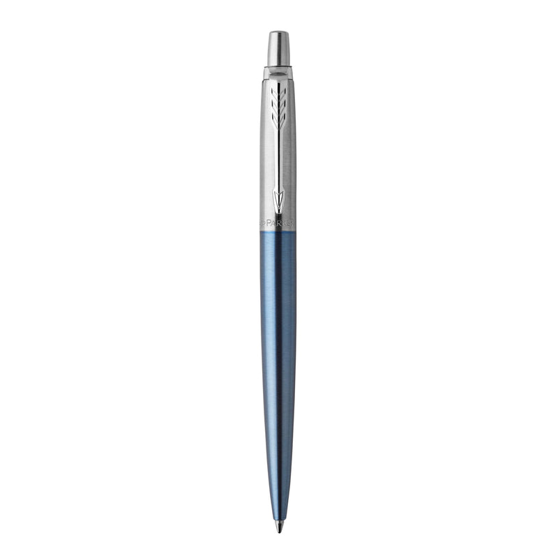 Waterloo Blue Jotter ballpoint with brushed steel cap and chrome clip standing upright on white