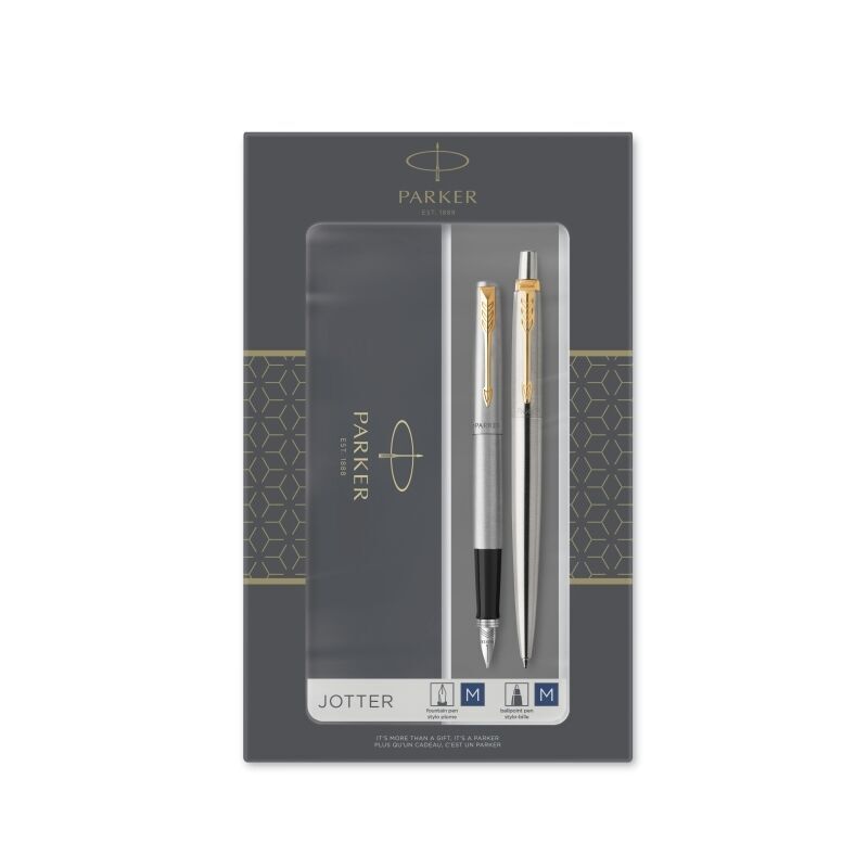 Parker Jotter gift set in a grey windowed pack holding a brushed stainless steel fountain pen and ballpoint pen with gold clips, the pack marked Jotter with M for both pens