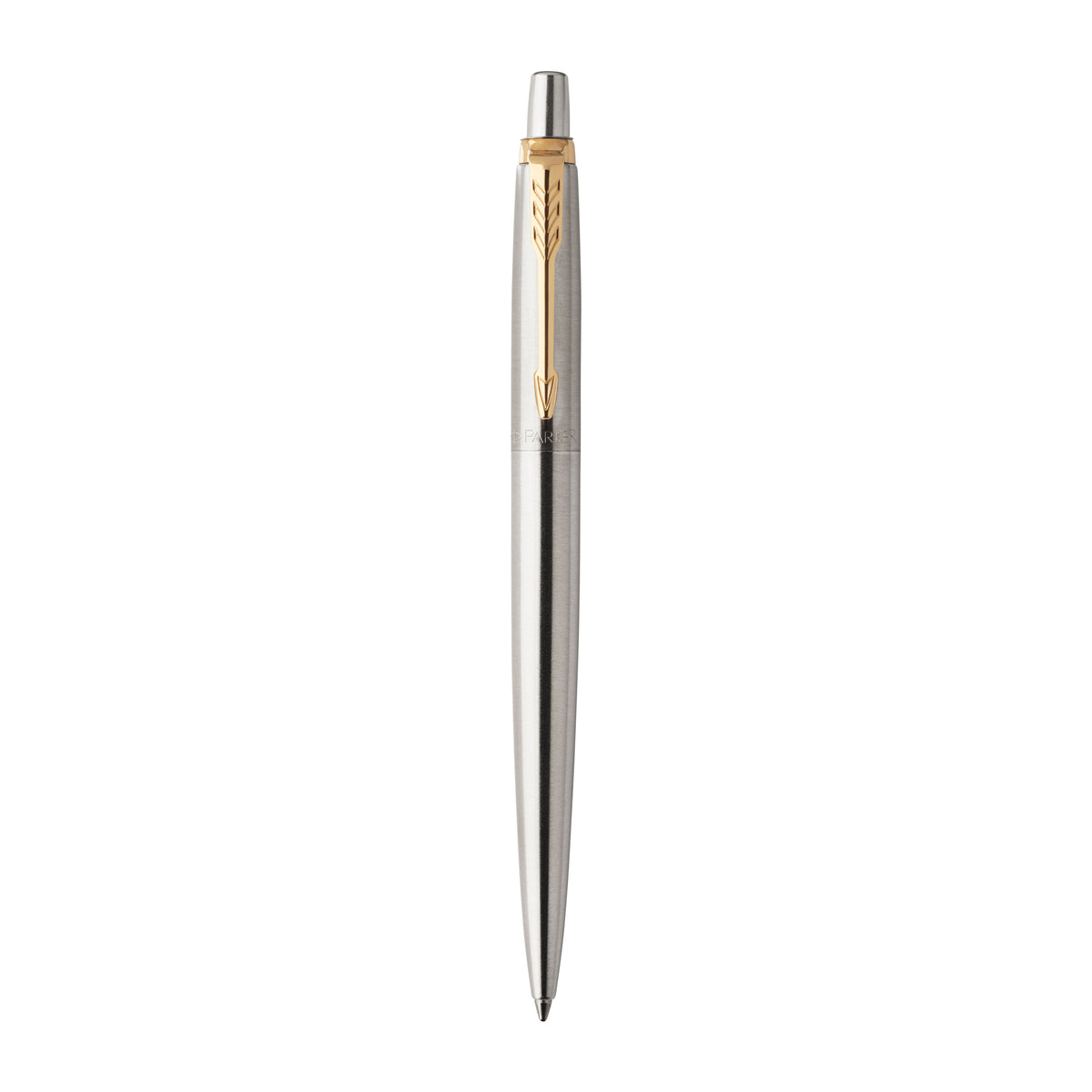 Parker Jotter stainless steel ballpoint pen with gold trim shown upright on white as a single pen, the same finish as the ballpoint in this gift set