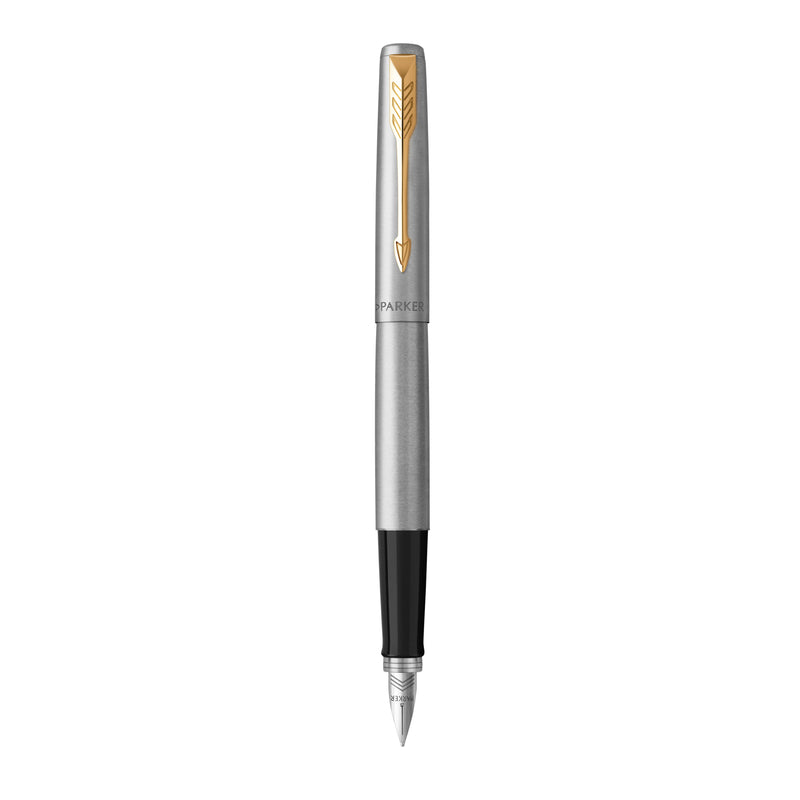 Parker Jotter stainless steel fountain pen with gold arrow clip and steel nib shown on white as a single pen, the same finish as the fountain pen in this gift set