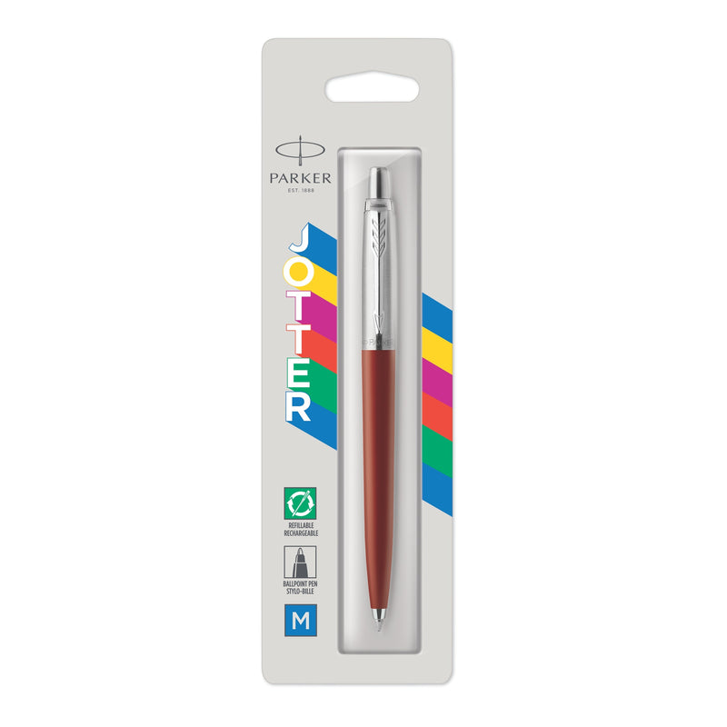 Parker Jotter Original red ballpoint on a white Parker card with coloured stripes and refillable, ballpoint and M icons
