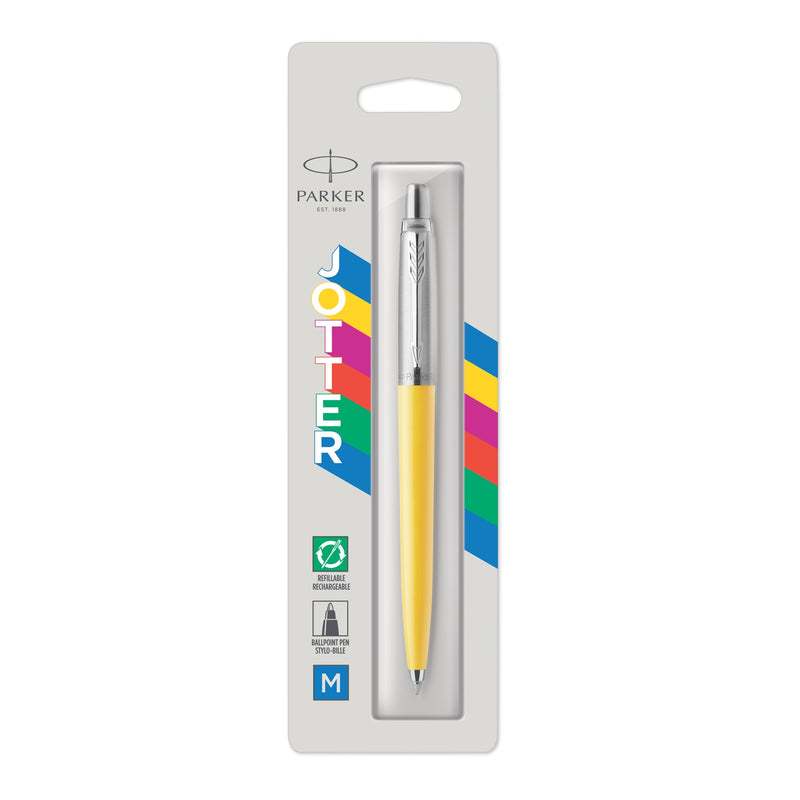 Parker Jotter Original yellow ballpoint on a white Parker card with coloured stripes and refillable, ballpoint and M icons