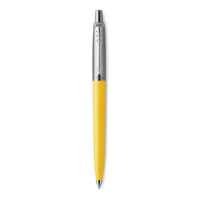 Yellow Jotter Original ballpoint with steel cap and chrome clip standing upright on white