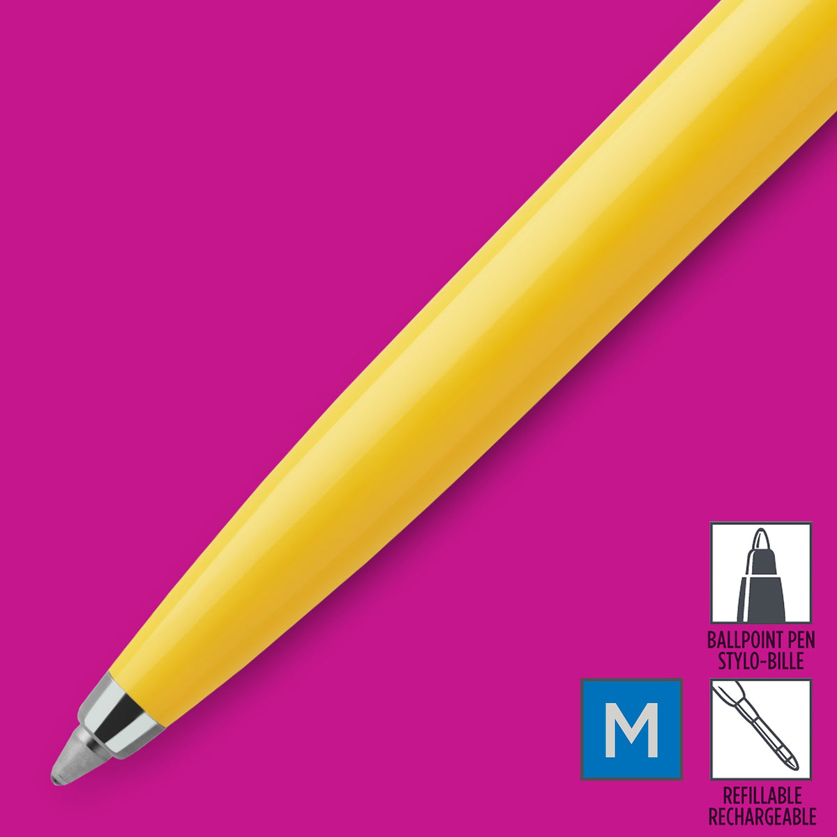 Close-up of the yellow Jotter Original tip on magenta with ballpoint, refillable and M icons