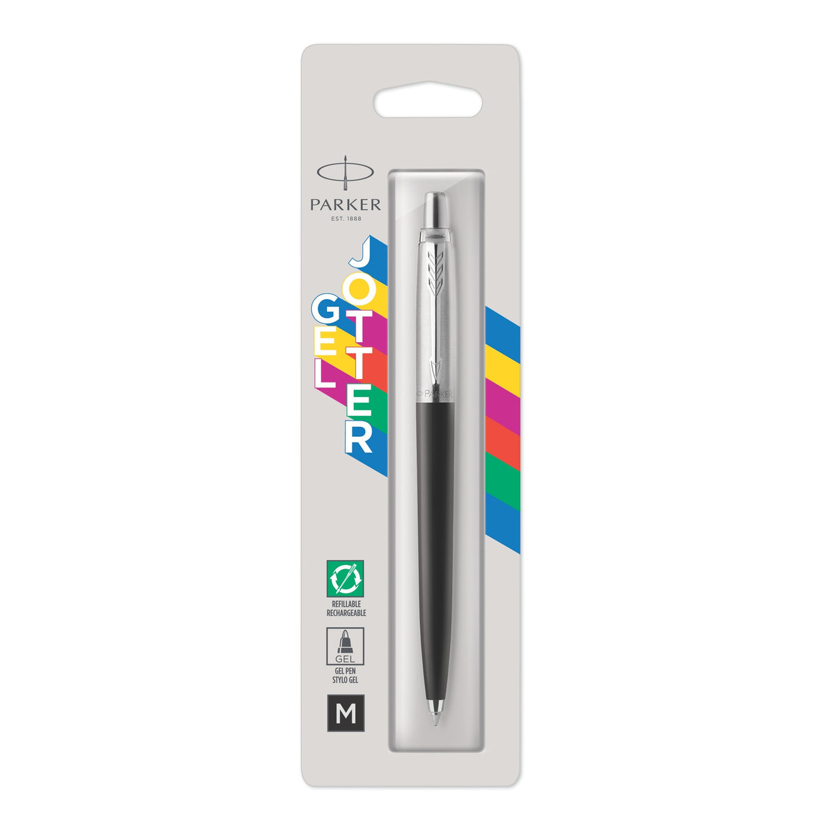 Parker Jotter Original black gel pen on a white Parker card with coloured stripes and refillable, gel pen and M icons