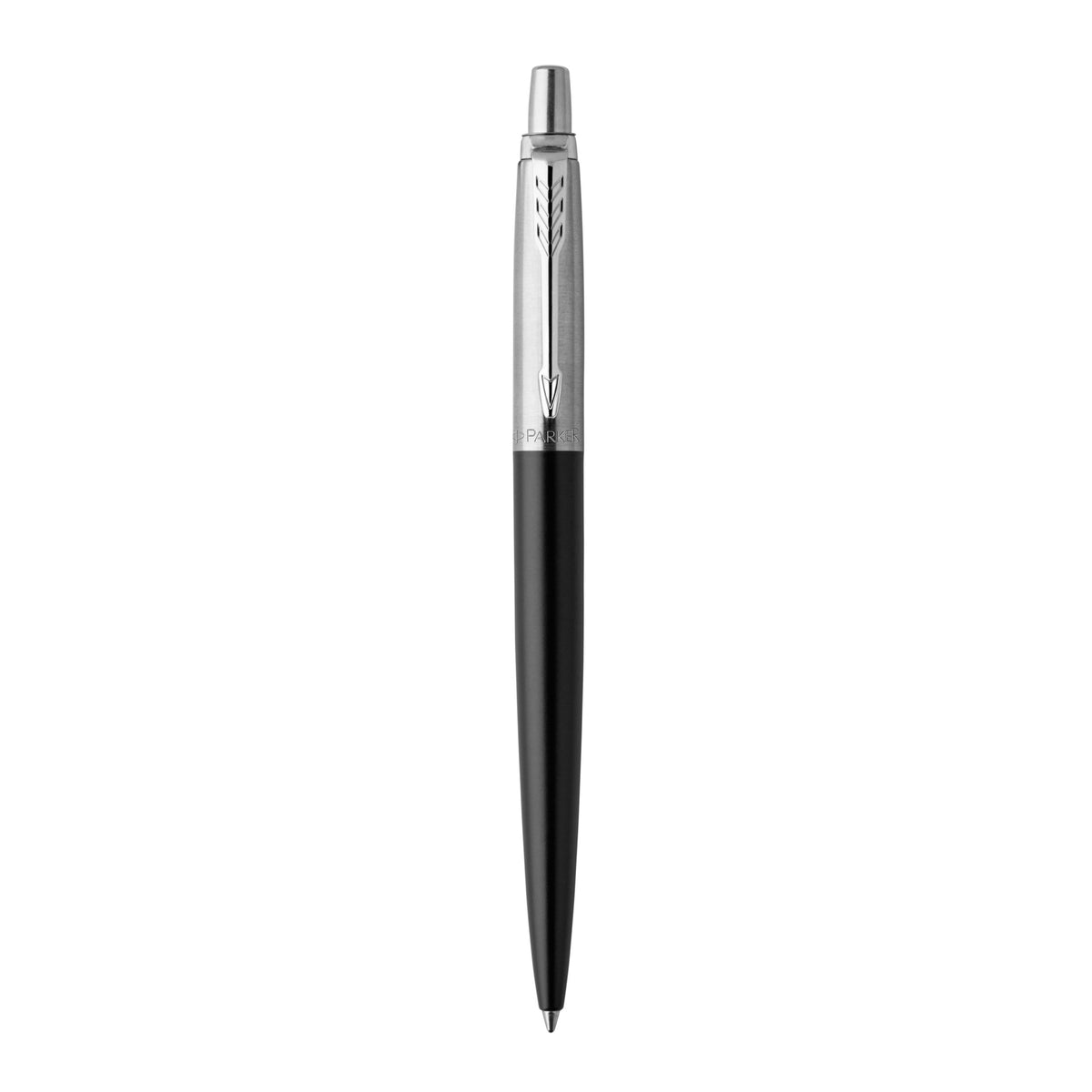 Black Jotter Original gel pen with steel cap and chrome clip standing upright on white