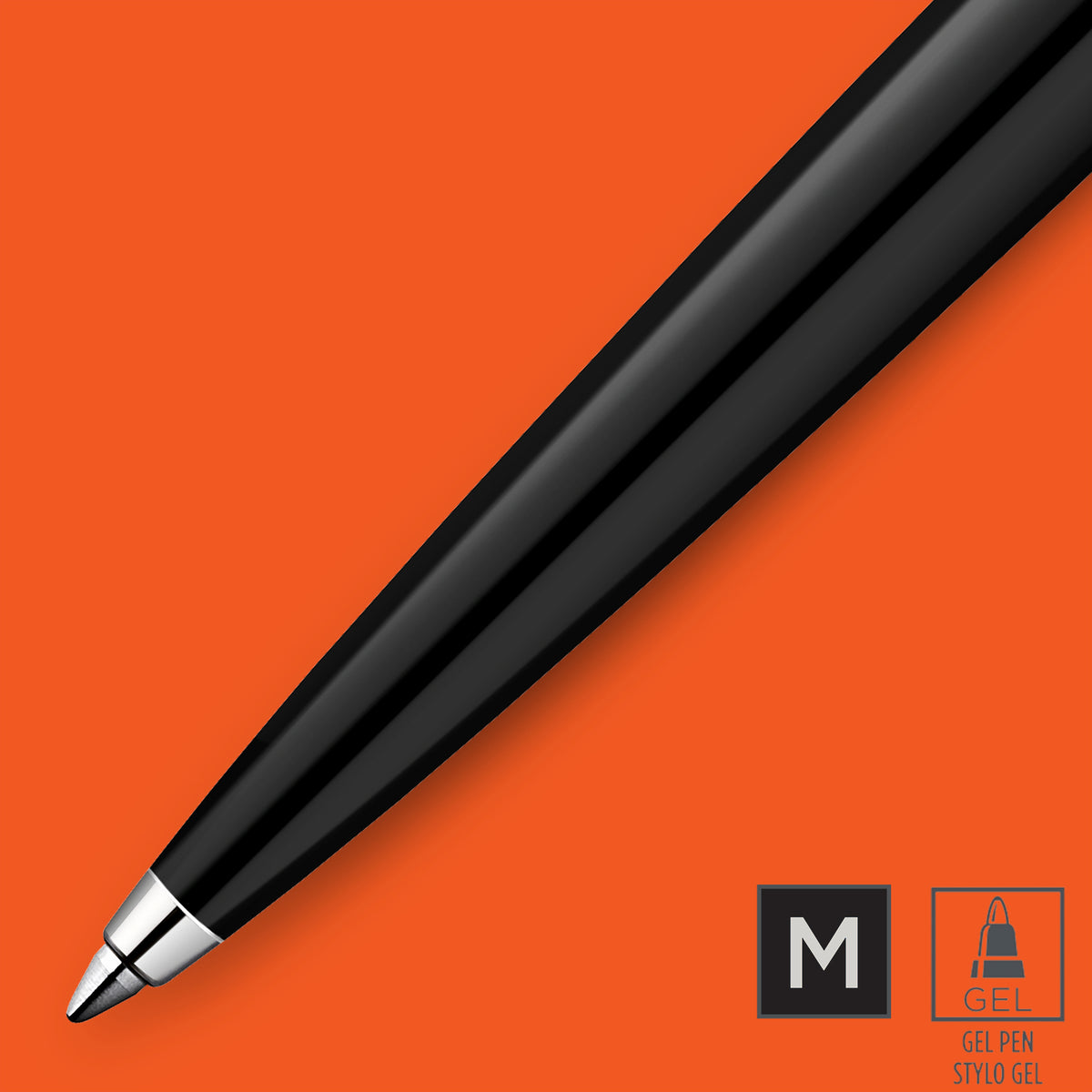 Close-up of the black Jotter Original gel pen tip on orange with M and gel pen icons