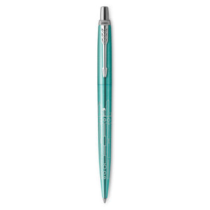 Parker Jotter Special Edition Miami ballpoint in turquoise lacquer with a lasered skyline, standing upright on white
