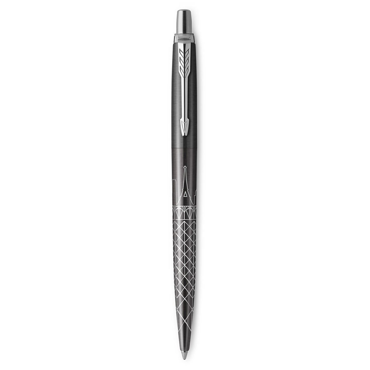 Parker Jotter Special Edition Paris ballpoint standing upright, grey lacquer barrel with a lasered diamond pattern and chrome cap