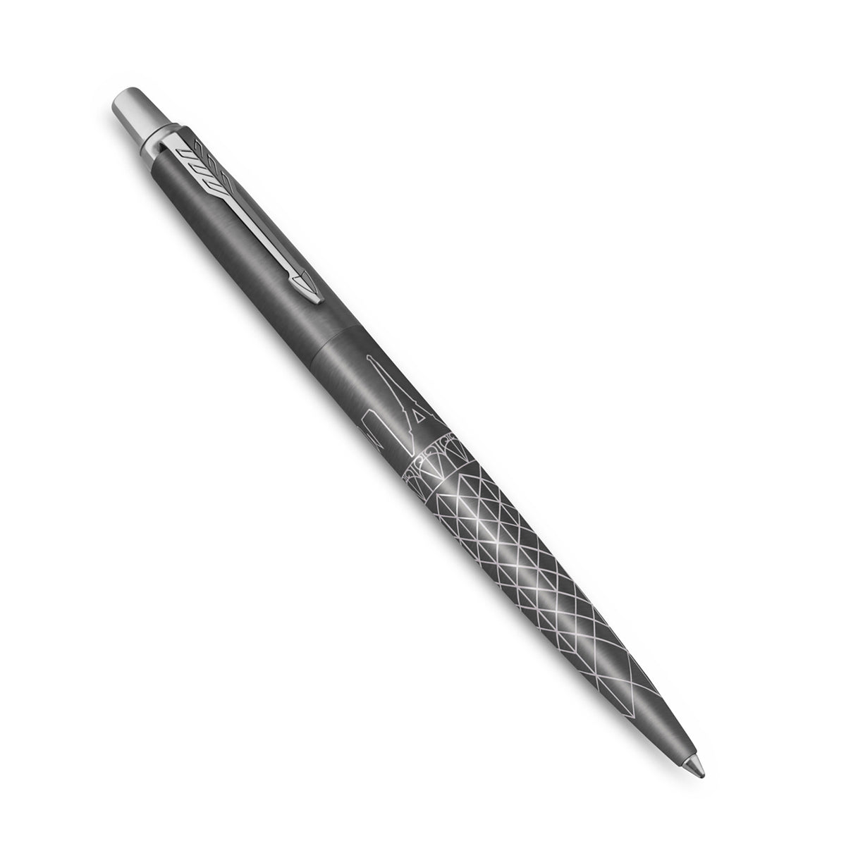 Paris Jotter ballpoint lying at an angle, showing the lasered pattern running down the grey barrel to the tip