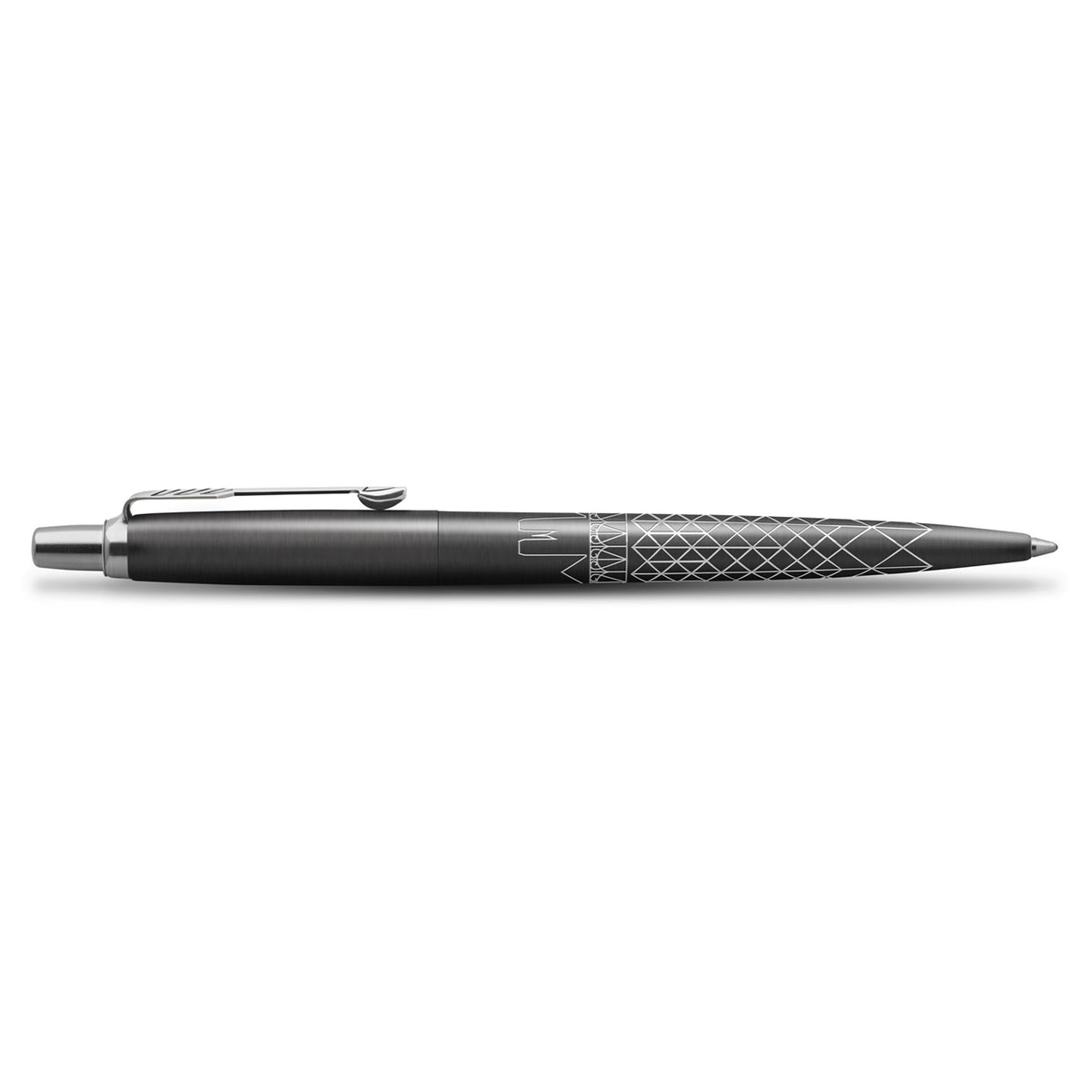 Side view of the grey Paris Jotter with its chrome arrow clip and click button on the left