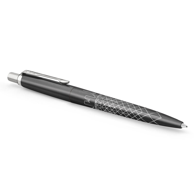 Grey Global Icons Paris Jotter seen from a low side angle, pattern visible along the lower barrel