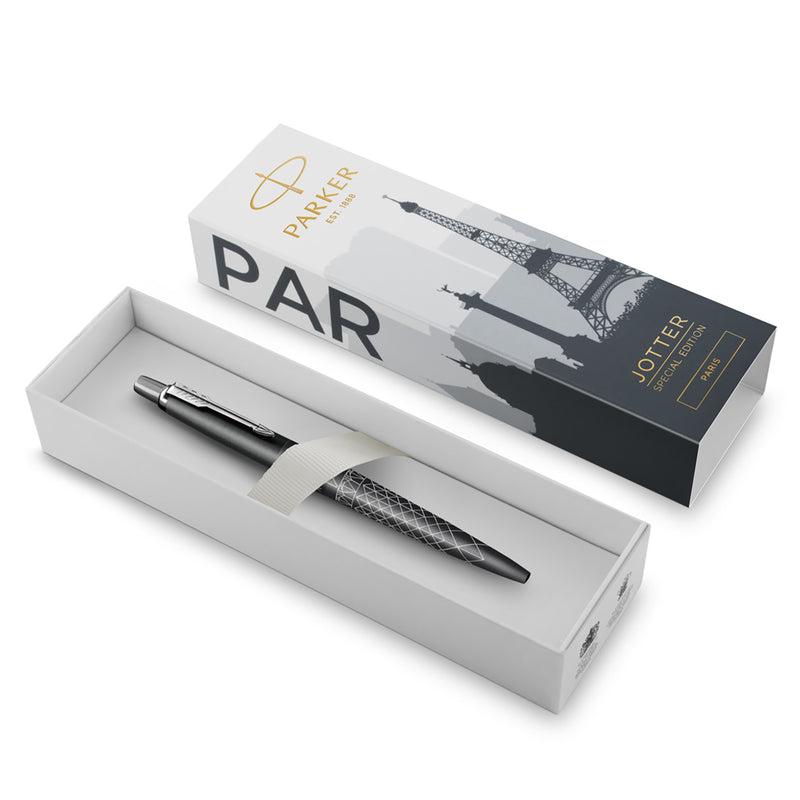 Paris Jotter in its open gift box, sleeve printed with a grey Paris skyline and the Eiffel Tower