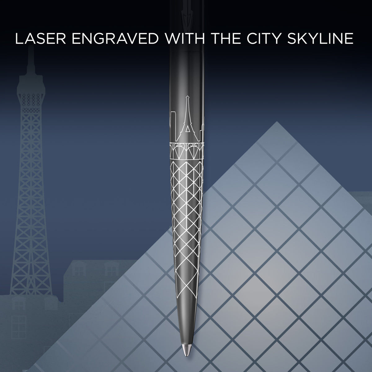 Parker artwork close-up of the Paris Jotter barrel, captioned laser engraved with the city skyline