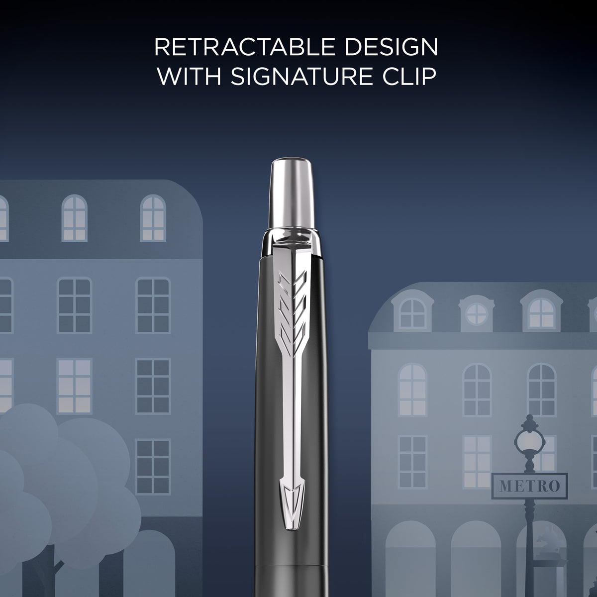 Parker artwork of the chrome Jotter clip and cap against Paris buildings, captioned retractable design with signature clip