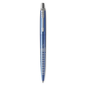 Upright Parker Jotter Special Edition Seoul ballpoint in indigo blue lacquer with a lasered silver grid pattern and chrome cap