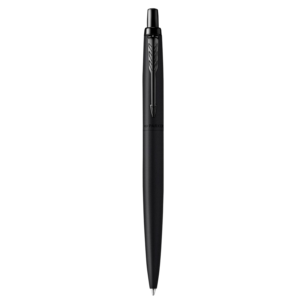 Parker Jotter XL Monochrome ballpoint in matte black with black clip and button, standing upright on white