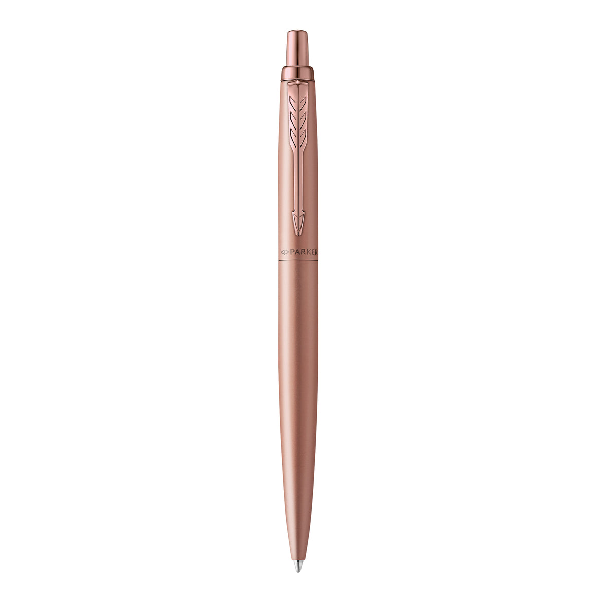 Parker Jotter XL Monochrome ballpoint in matte rose gold standing upright, pink gold clip and click button