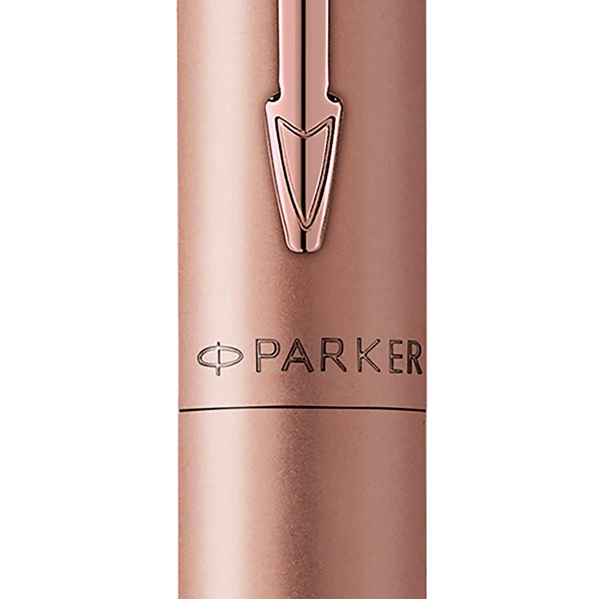 Front close-up of the rose gold barrel showing the pink gold arrow clip and the PARKER logo
