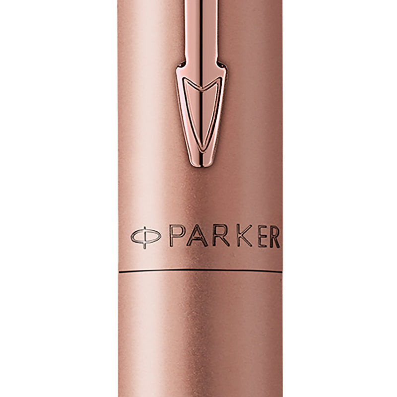 Front close-up of the rose gold barrel showing the pink gold arrow clip and the PARKER logo
