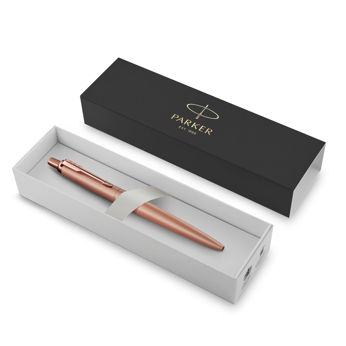 Rose gold Jotter XL Monochrome in an open black Parker gift box with a white tray